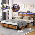 Industrial Queen Bed Frame With Led Lights And 2 Usb Ports, Bed Frame Full Size With Storage, Noise Free, No Box Spring Needed, Rustic Brown Rustic Brown Metal