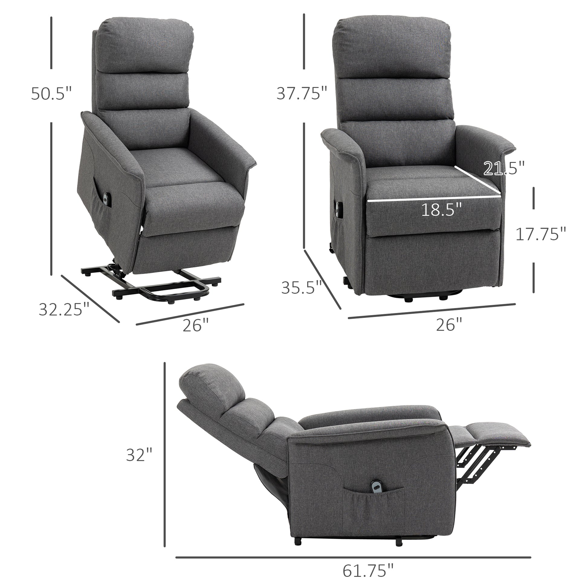 Electric Power Lift Recliner Chair For Elderly, Fabric Lift Chair With Remote Control, Side Pockets For Living Room, Gray Gray Polyester