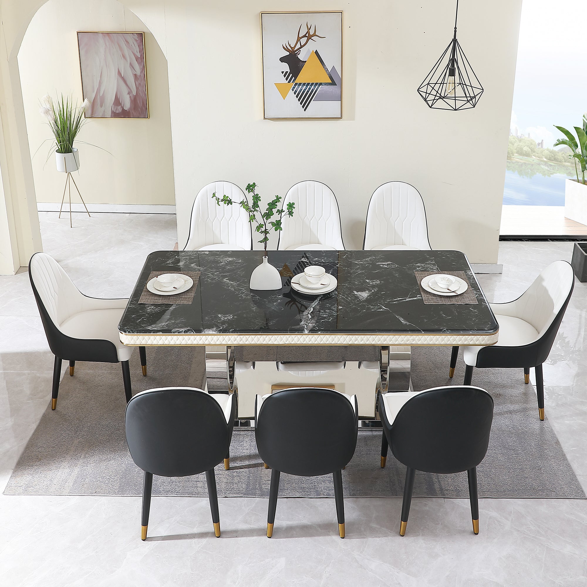 Luxury Modern Dining Table 78.7Inch Black Dining Table With 8 Chairs Faux Marble Dining Table Top With Titanium Plated Dual Circle Base With 8Pcs Chairs . Black Artificial Marble