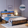 Industrial Queen Bed Frame With Led Lights And 2 Usb Ports, Bed Frame Full Size With Storage, Noise Free, No Box Spring Needed, Rustic Brown Rustic Brown Metal