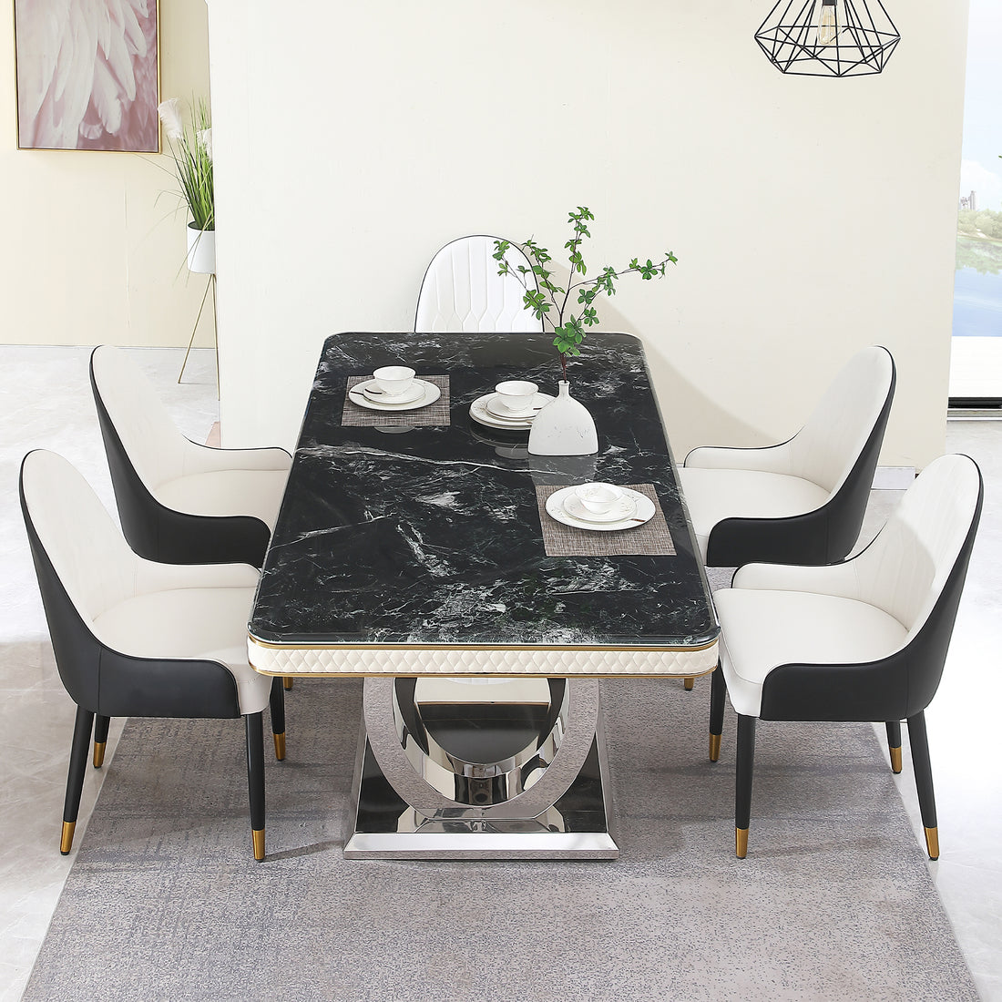 Luxury Modern Dining Table 78.7Inch Black Dining Table With 8 Chairs Faux Marble Dining Table Top With Titanium Plated Dual Circle Base With 8Pcs Chairs . Black Artificial Marble