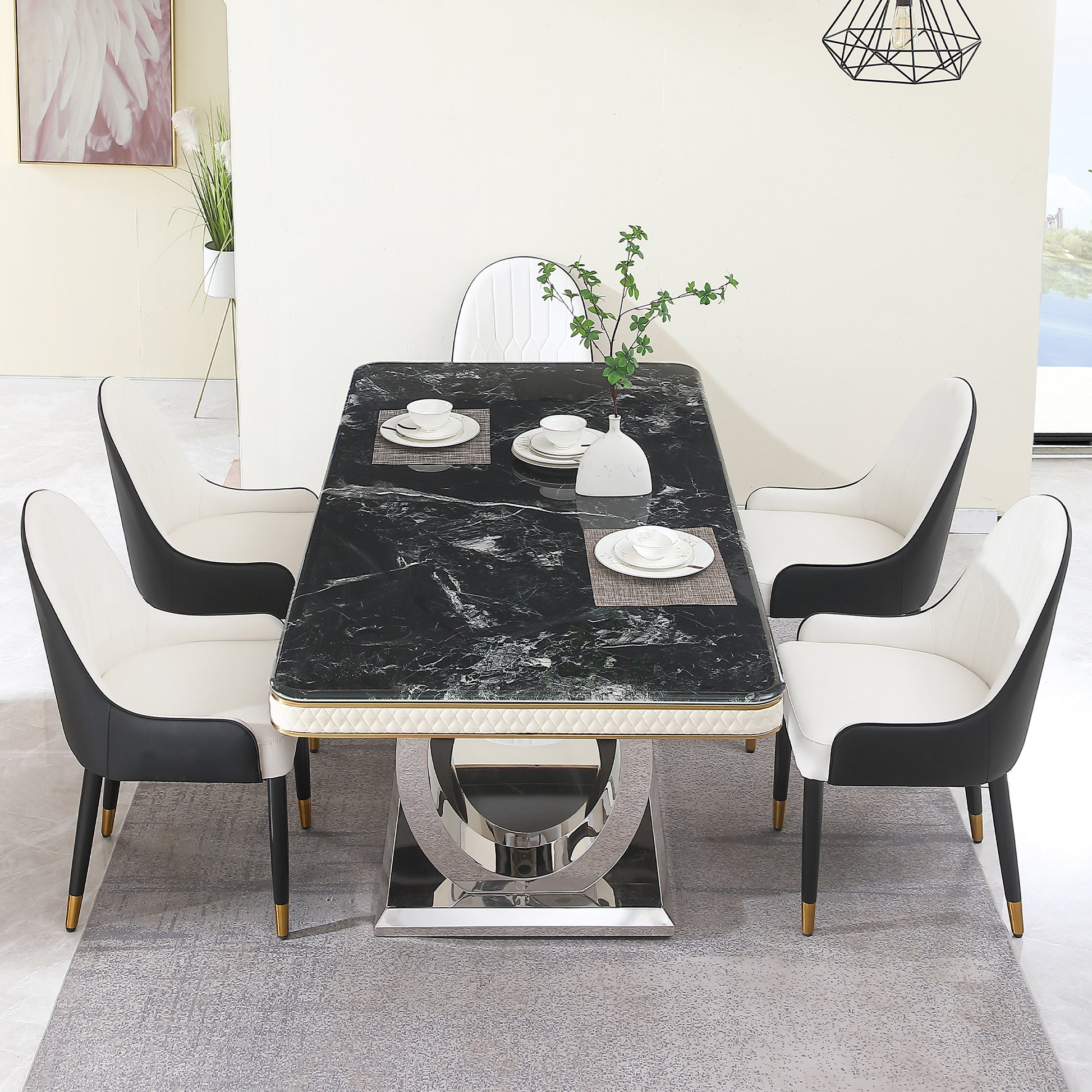 Luxury Modern Dining Table 78.7Inch Black Dining Table With 8 Chairs Faux Marble Dining Table Top With Titanium Plated Dual Circle Base With 8Pcs Chairs . Black Artificial Marble