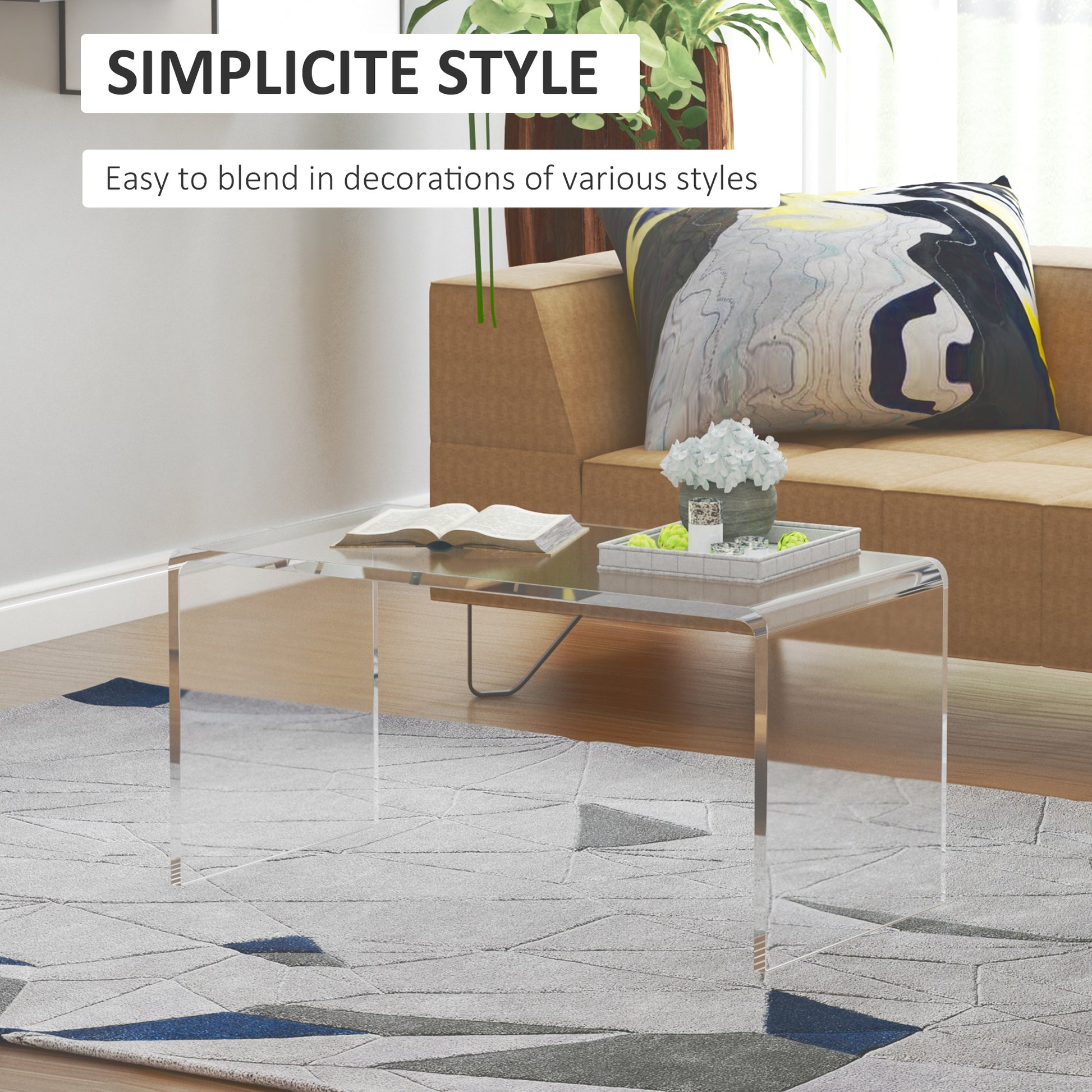 32" Long Rectangle All Acrylic 15Mm Thick Waterfall Coffee Table, Clear Clear Acrylic