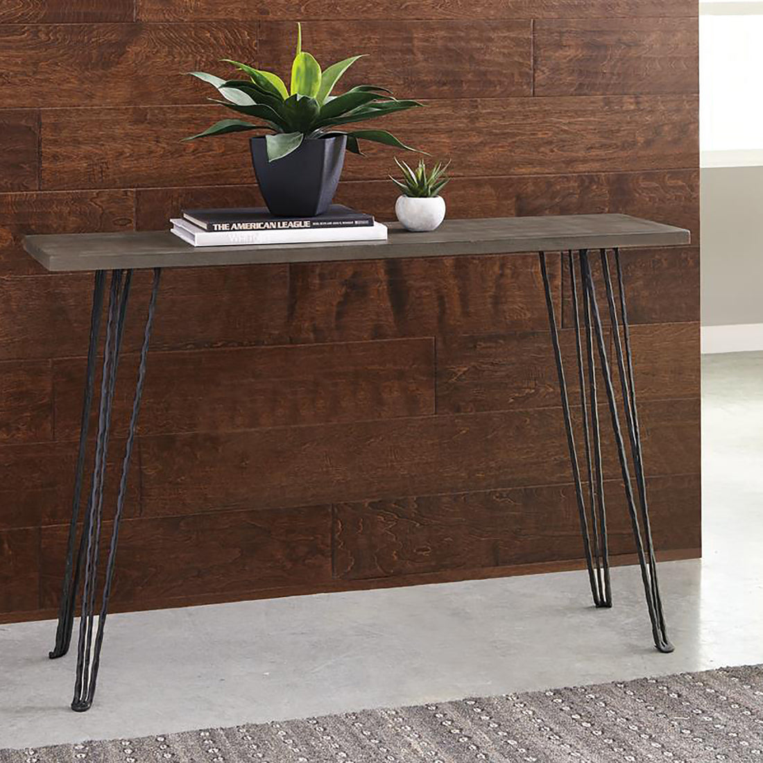 Concrete And Black Rectangular Console Table Grey Primary Living Space Industrial Tabeltop Rectangular Console Tables Wood Hairpin