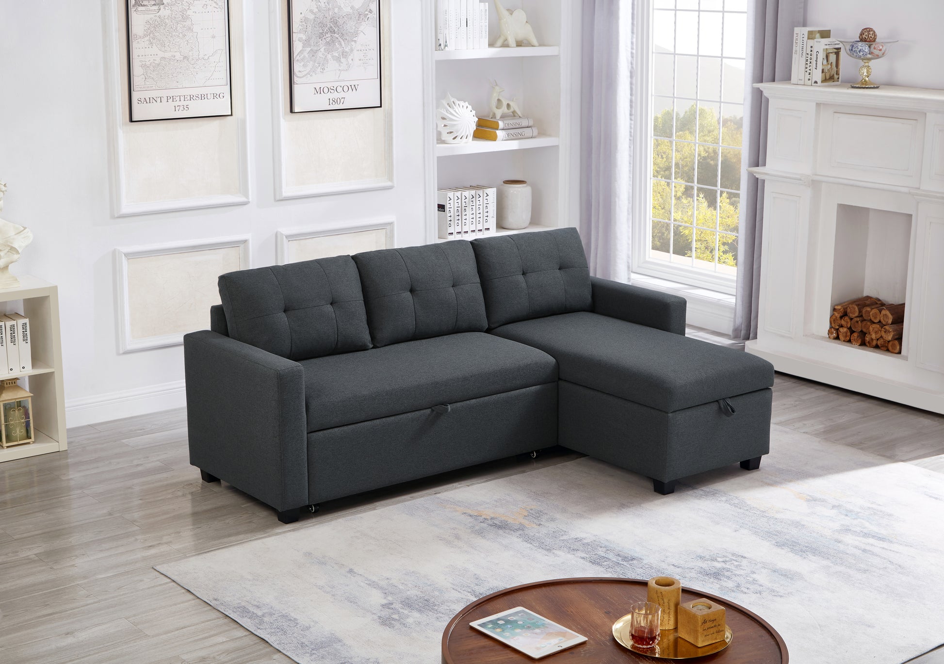 Upholstered Pull Out Sectional Sofa With Storage Chaise, Convertible Corner Couch, Dark Grey Dark Grey Wood Medium Soft Pillow Back Modern Square Arms Linen 3 Seat