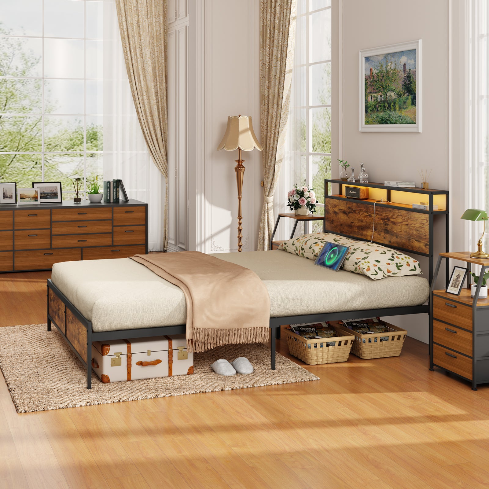 Industrial Queen Bed Frame With Led Lights And 2 Usb Ports, Bed Frame Full Size With Storage, Noise Free, No Box Spring Needed, Rustic Brown Rustic Brown Metal