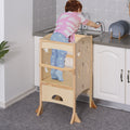 Wooden Kitchen Step Stool For Kids, Foldable Toddler Tower, Helper Stool For Kitchen Counter With Support Handles Safety Rail, Natural Wood Natural Mdf