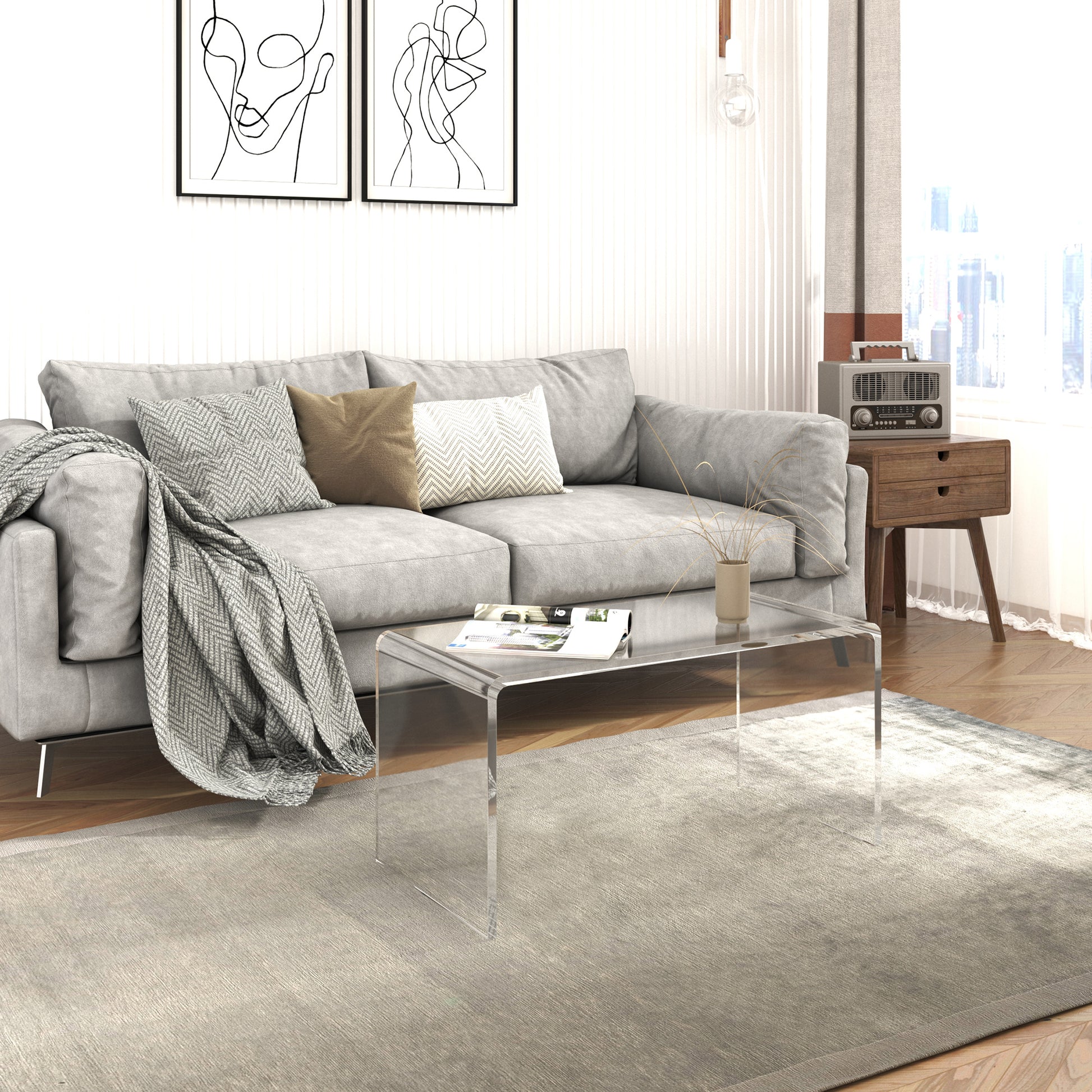 32" Long Rectangle All Acrylic 15Mm Thick Waterfall Coffee Table, Clear Clear Acrylic