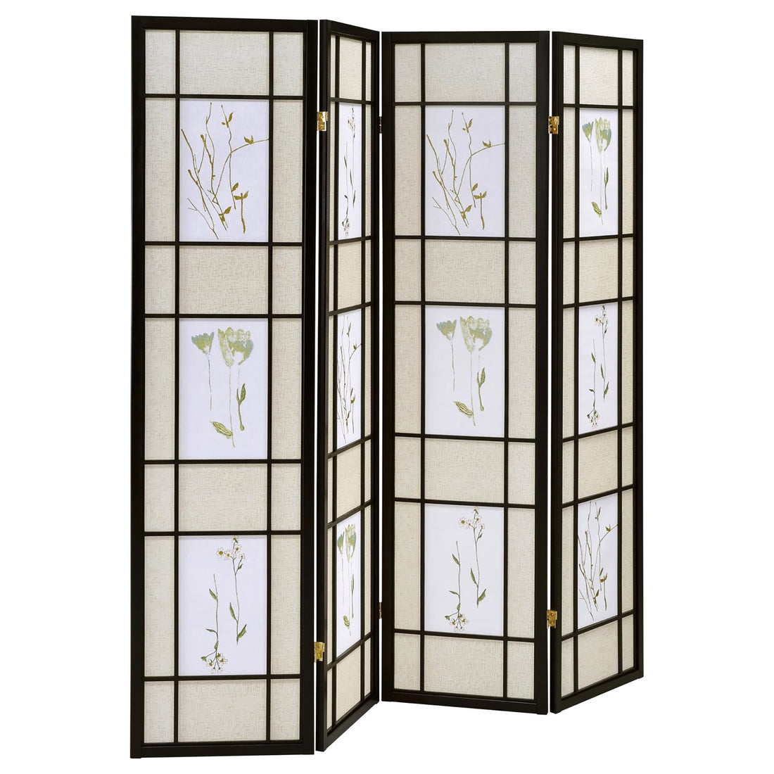 Floral And Black 4 Panel Folding Screen With Floral Motif Black Traditional Wood