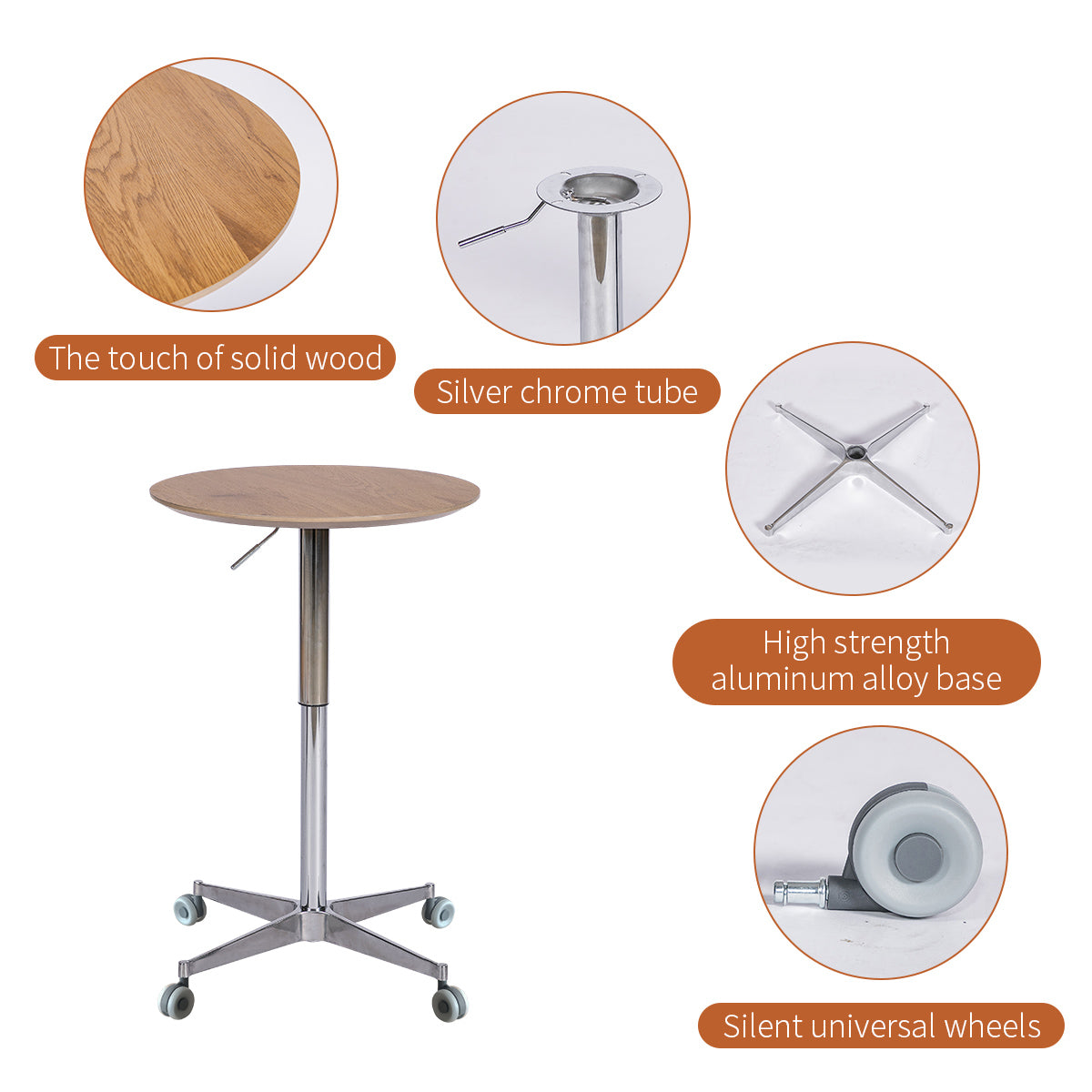 Movable Adjustable Bar Table Pub Table 360 Swivel Counter Bar Height Aluminum Star Base Movable For Stand Desk Bistro Table Dining Room Home Kitchen Table Natural Wood Aluminium Alloy