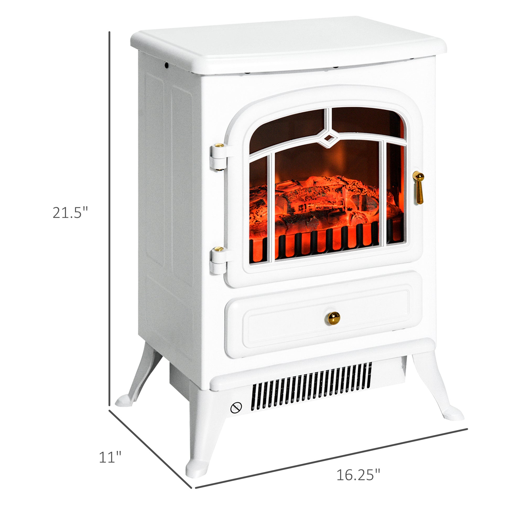 22" Electric Fireplace Heater, Freestanding Fire Place Stove With Realistic Led Flames And Logs, And Overheating Protection, 750W 1500W, White White Tempered Glass
