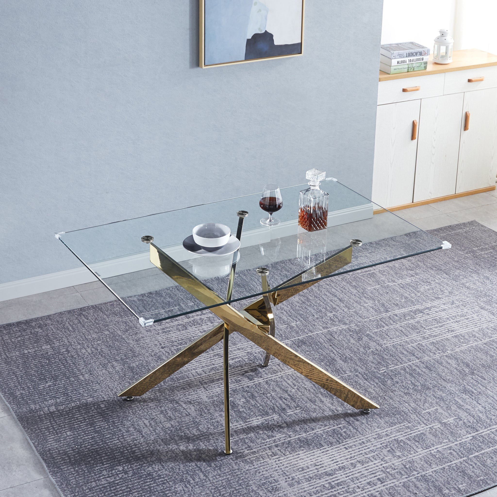 Modern Glass Table For Dining Room Kitchen, 0.39" Thick Tempered Glass Top, Chrome Stainless Steel Base Gold Glass