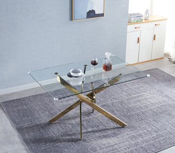 Modern Glass Table For Dining Room Kitchen, 0.39" Thick Tempered Glass Top, Chrome Stainless Steel Base Gold Glass