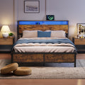 Industrial Queen Bed Frame With Led Lights And 2 Usb Ports, Bed Frame Full Size With Storage, Noise Free, No Box Spring Needed, Rustic Brown Rustic Brown Metal