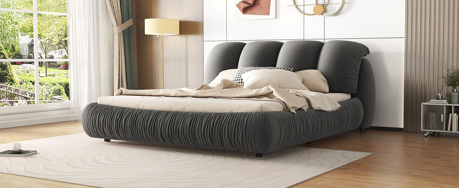 King Size Luxury Upholstered Bed With Thick Headboard, Velvet King Bed With Oversized Padded Backrest, Gray Expect Arrive Date 2024 3 15 King Gray Velvet