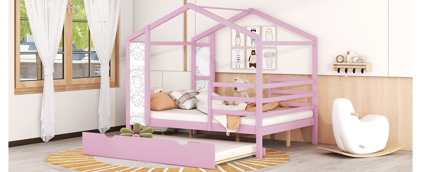 Full Size Wood House Bed With Fence And Writing Board, Pink Pink Solid Wood