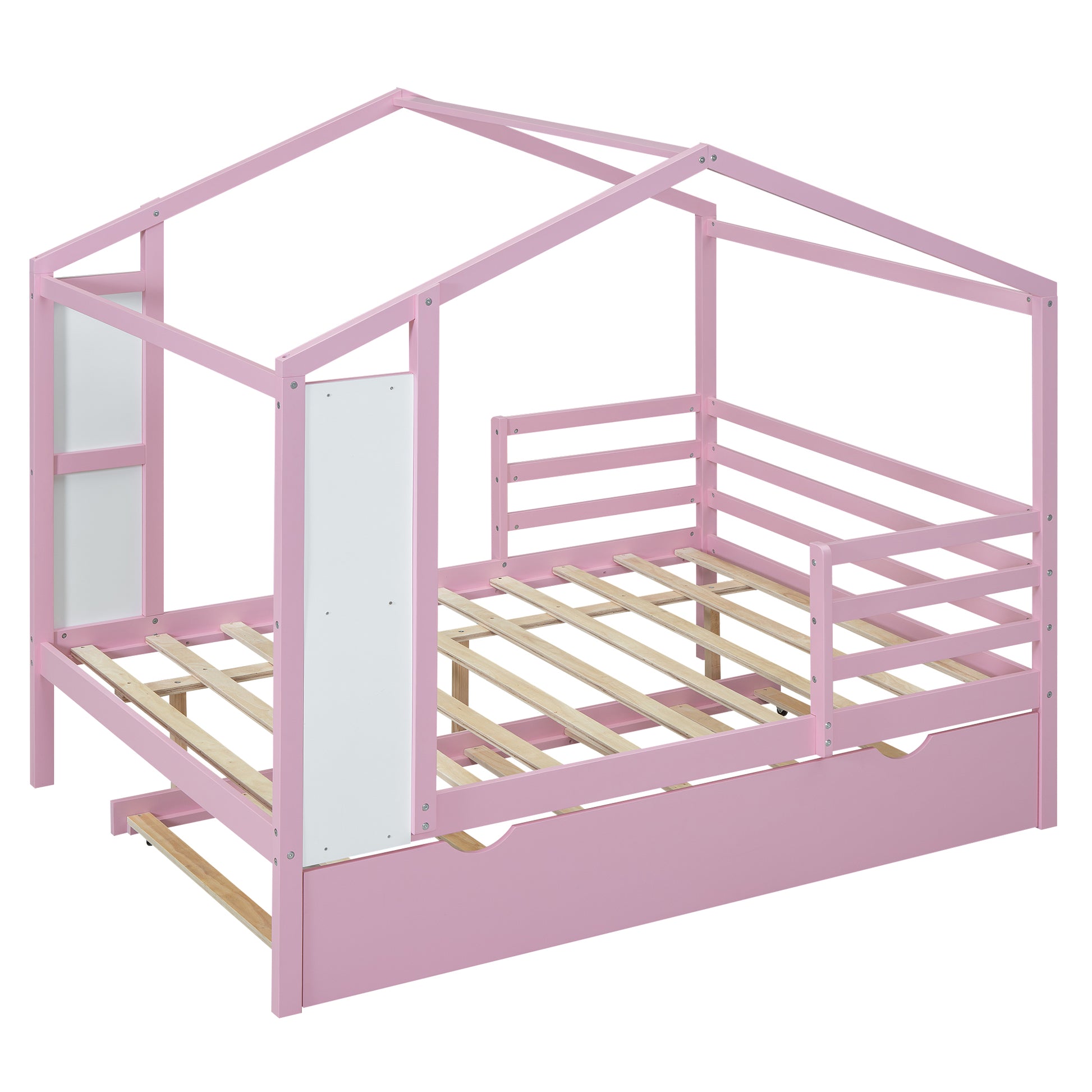 Full Size Wood House Bed With Fence And Writing Board, Pink Pink Solid Wood