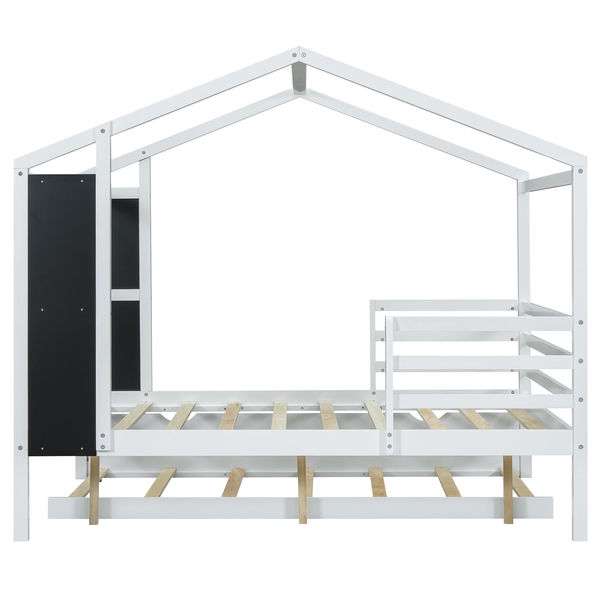Full Size Wood House Bed With Fence And Writing Board, White White Solid Wood