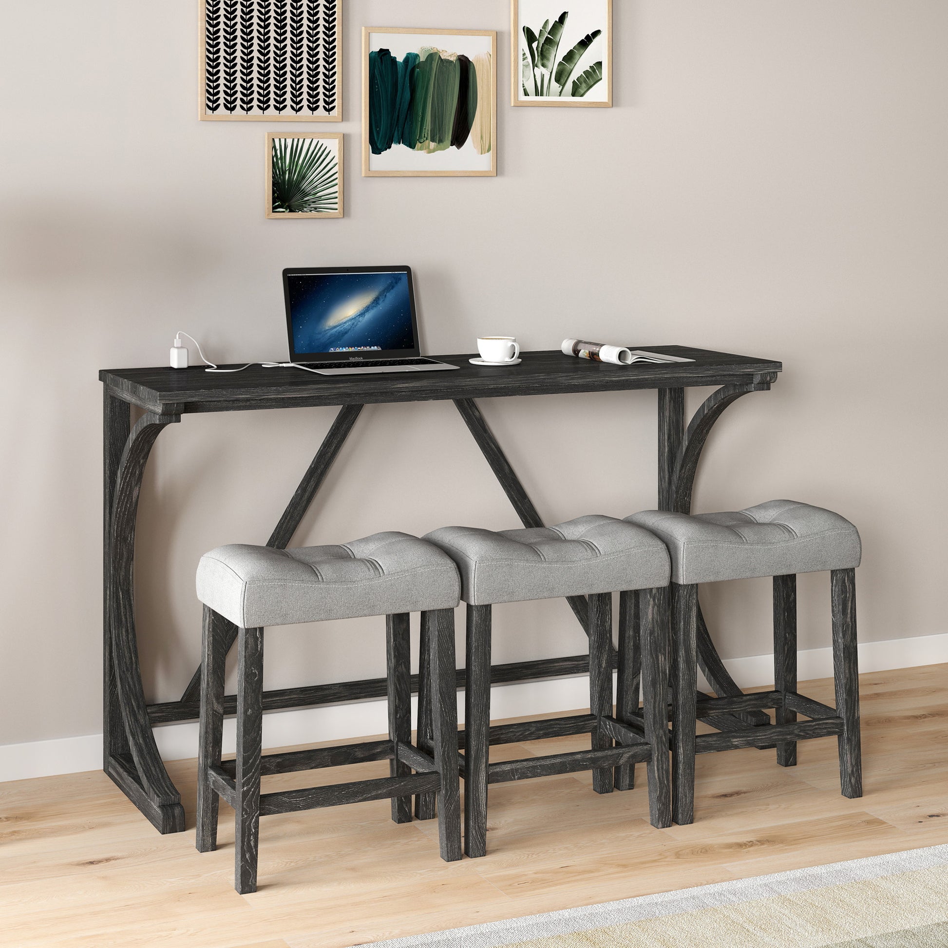 Bar Table Set With Power Outlet, Bar Table And Chairs Set, 4 Piece Dining Table Set, Industrial Breakfast Table Set, For Living Room, Dining Room, Game Room Grey Black Solid Wood Mdf