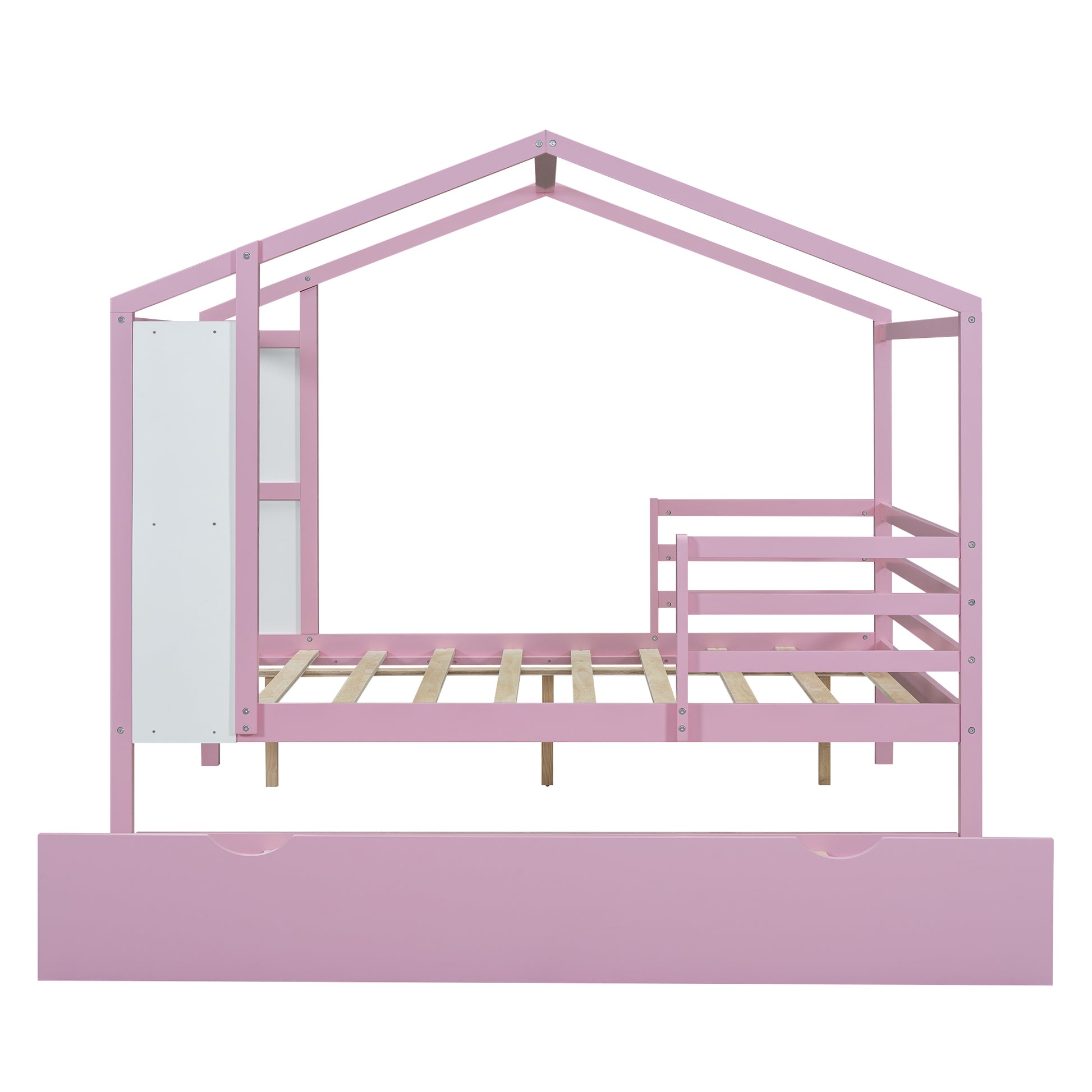Full Size Wood House Bed With Fence And Writing Board, Pink Pink Solid Wood