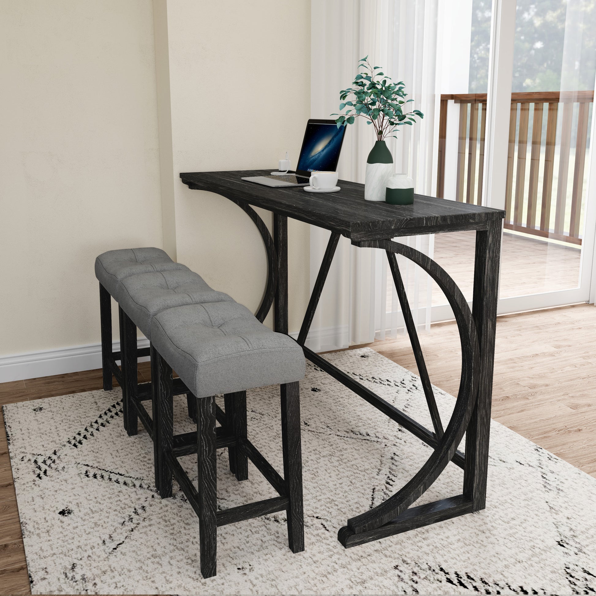 Bar Table Set With Power Outlet, Bar Table And Chairs Set, 4 Piece Dining Table Set, Industrial Breakfast Table Set, For Living Room, Dining Room, Game Room Grey Black Solid Wood Mdf