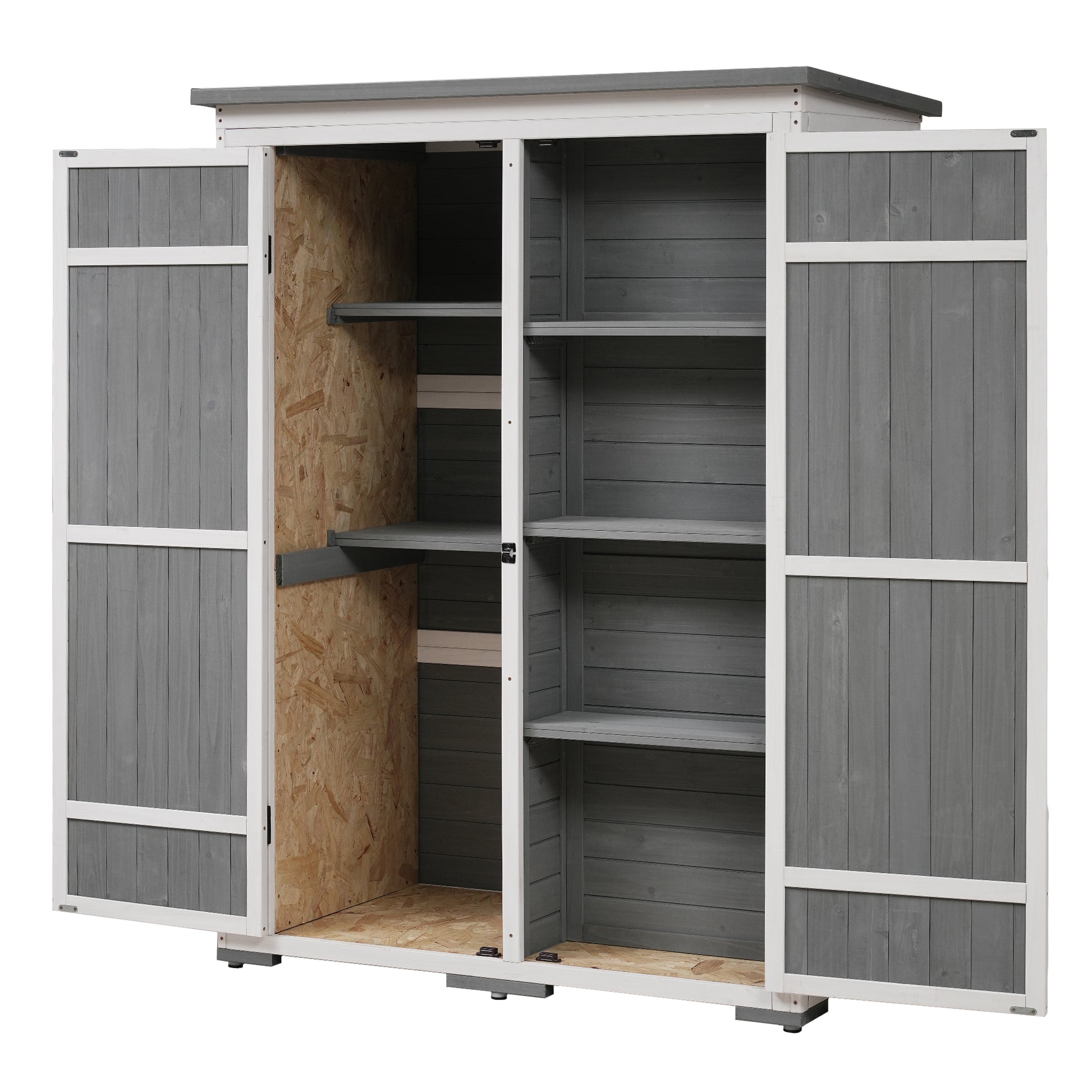 Outdoor 5.5Ft Hx4.1Ft L Wood Storage Shed, Garden Tool Cabinet With Waterproof Asphalt Roof, Four Lockable Doors, Multiple Tier Shelves, White And Gray White Gray Water Resistant Frame Garden &