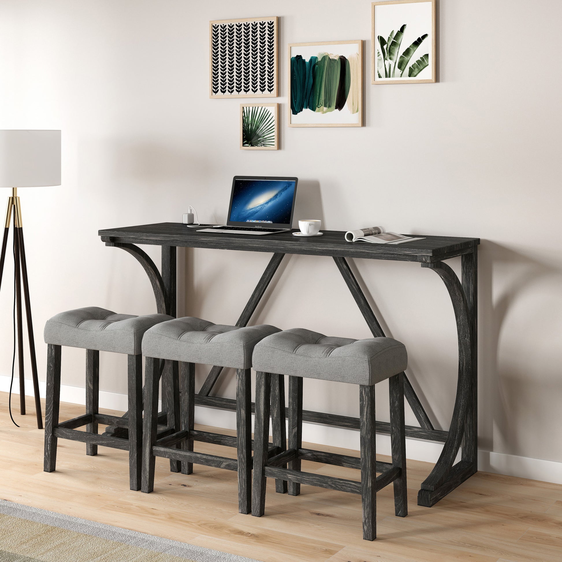 Bar Table Set With Power Outlet, Bar Table And Chairs Set, 4 Piece Dining Table Set, Industrial Breakfast Table Set, For Living Room, Dining Room, Game Room Grey Black Solid Wood Mdf