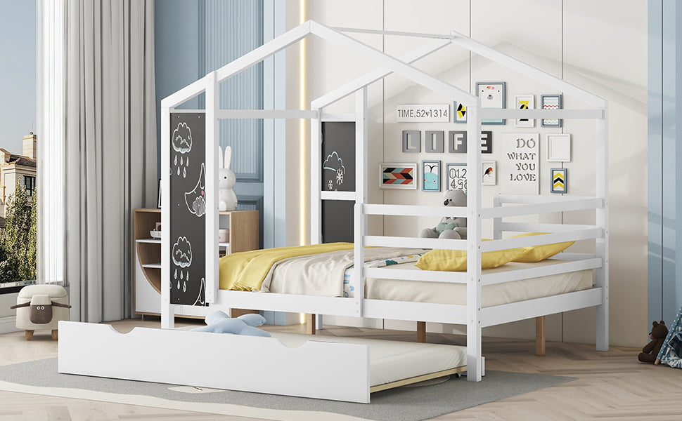 Full Size Wood House Bed With Fence And Writing Board, White White Solid Wood