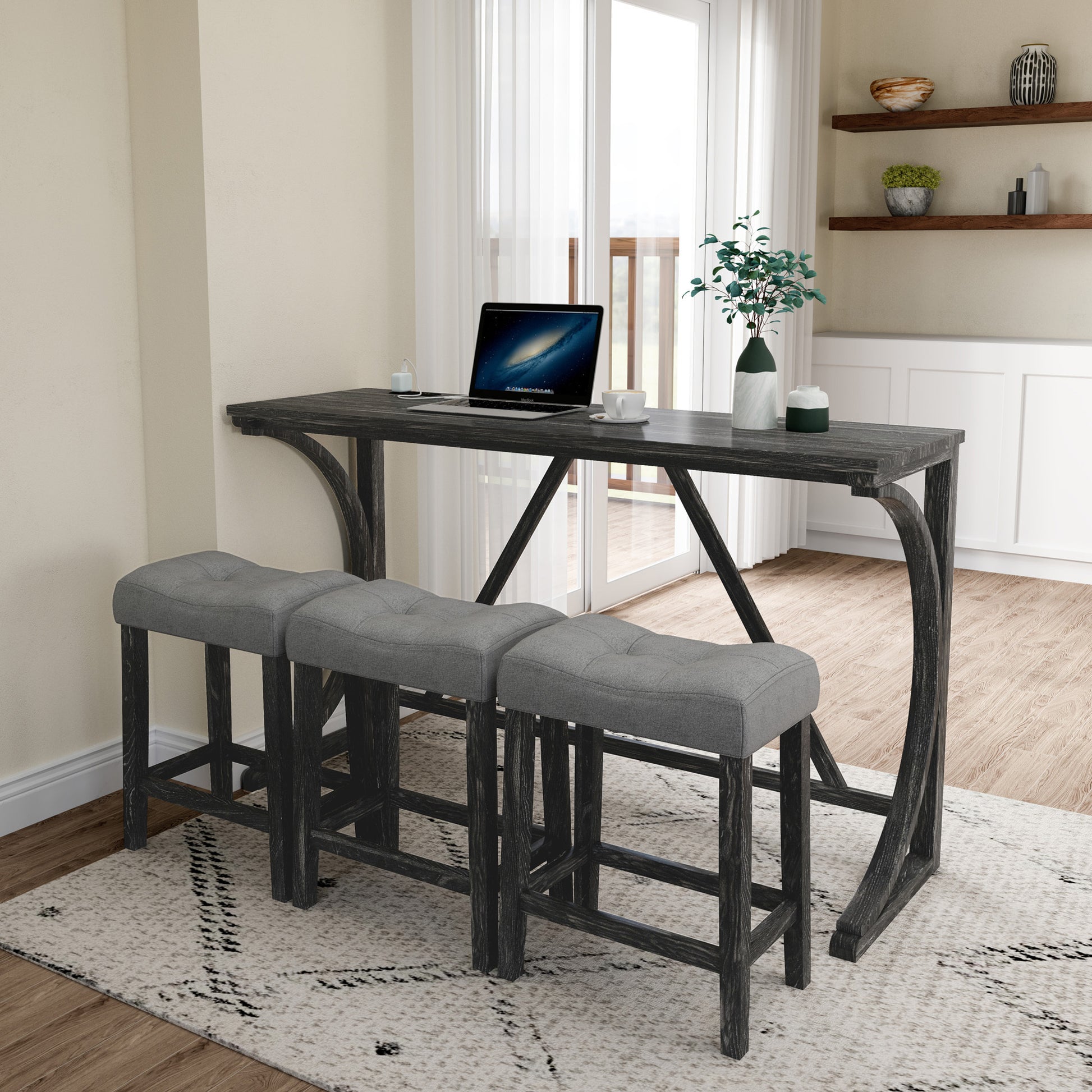 Bar Table Set With Power Outlet, Bar Table And Chairs Set, 4 Piece Dining Table Set, Industrial Breakfast Table Set, For Living Room, Dining Room, Game Room Grey Black Solid Wood Mdf