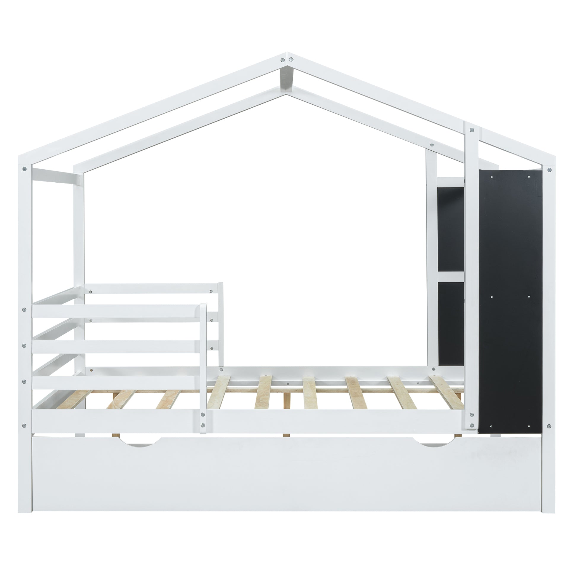 Full Size Wood House Bed With Fence And Writing Board, White White Solid Wood