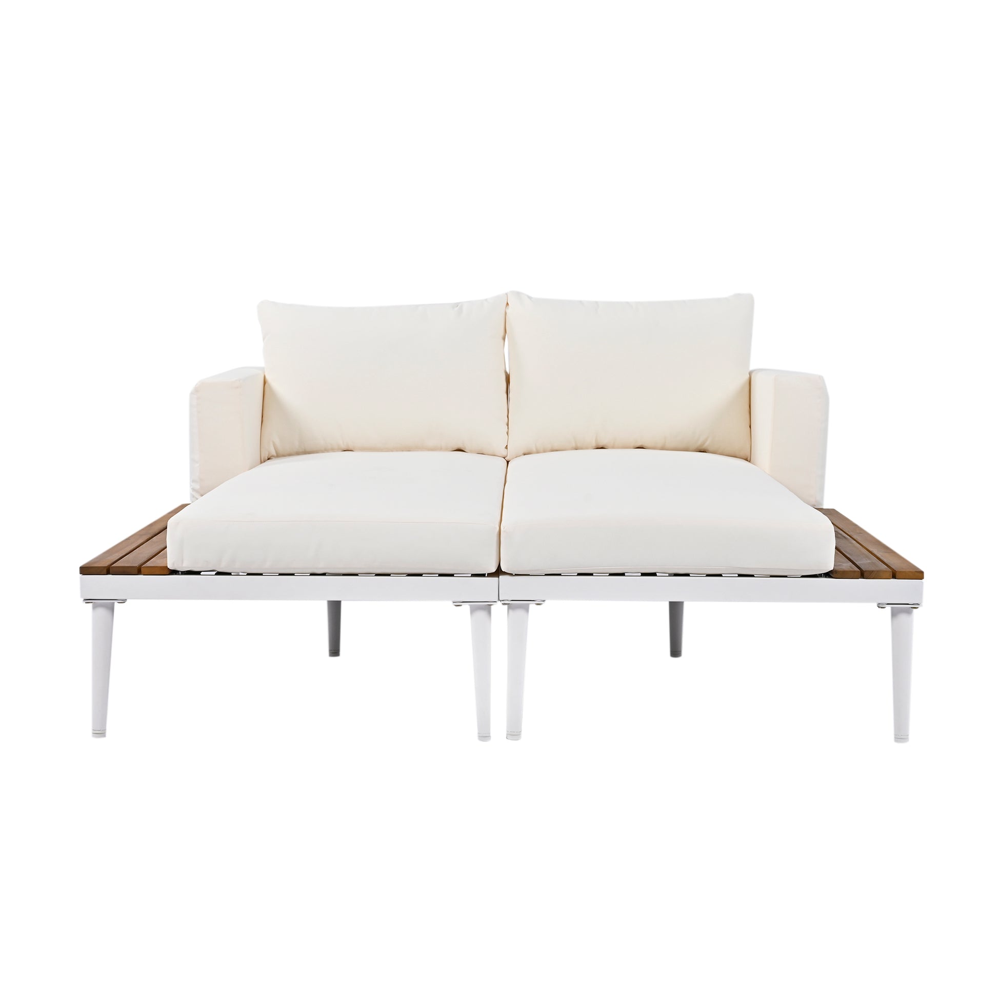 Modern Outdoor Daybed Patio Metal Daybed With Wood Topped Side Spaces For Drinks, 2 In 1 Padded Chaise Lounges For Poolside, Balcony, Deck, Beige Yes Lounge Beige Weather Resistant Frame Fade