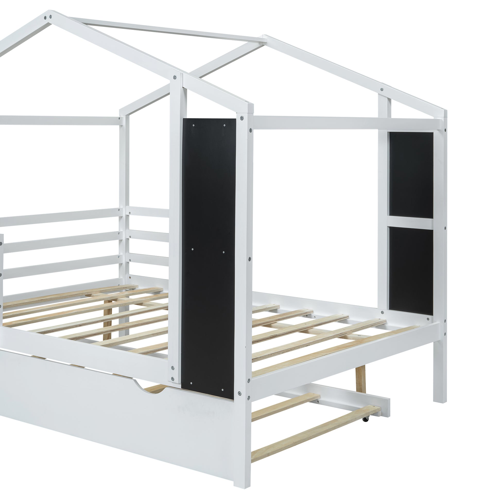 Full Size Wood House Bed With Fence And Writing Board, White White Solid Wood