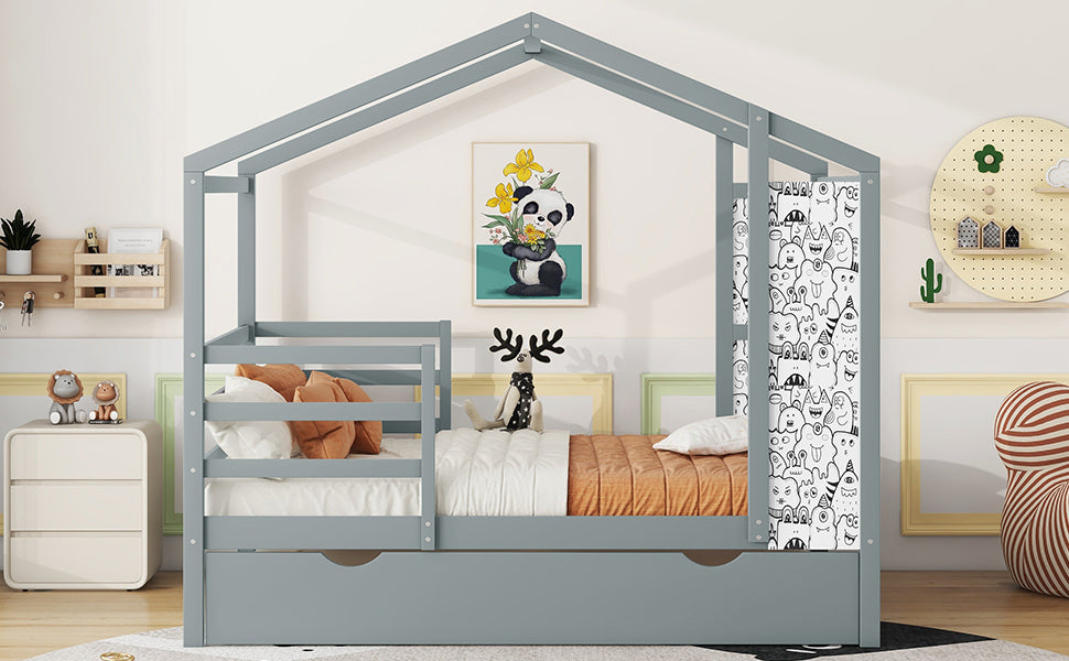 Full Size Wood House Bed With Fence And Writing Board, Gray Gray Solid Wood