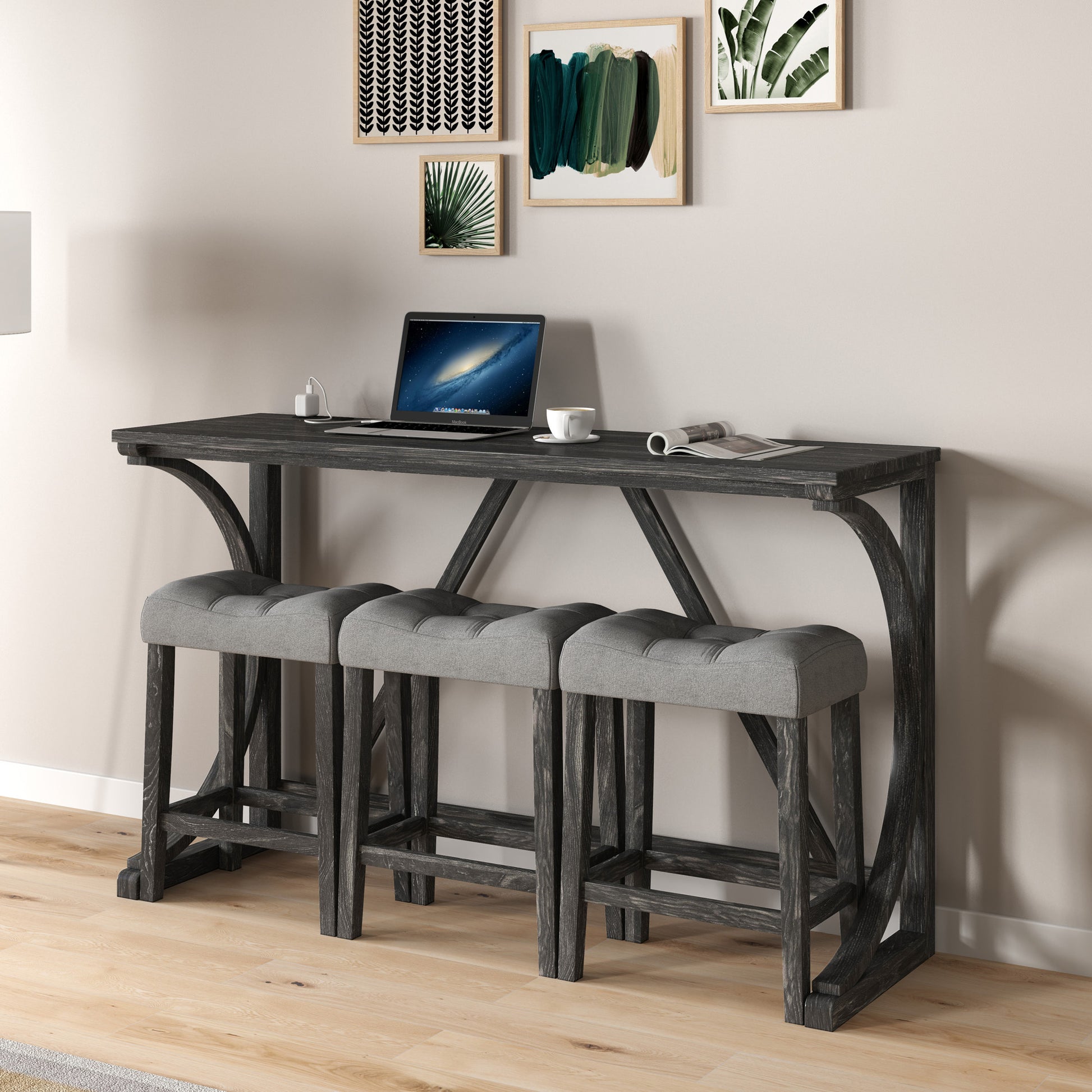 Bar Table Set With Power Outlet, Bar Table And Chairs Set, 4 Piece Dining Table Set, Industrial Breakfast Table Set, For Living Room, Dining Room, Game Room Grey Black Solid Wood Mdf