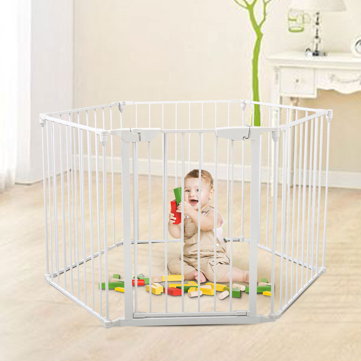 6 Panel Metal Baby Playpen Fireplace Safety Fence W Walk Through Door In 2 Directions, 5 In 1 Extra Wide Barrier Gate For Indoor Baby Pet Christmas Tree, White White Metal