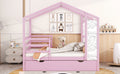 Full Size Wood House Bed With Fence And Writing Board, Pink Pink Solid Wood