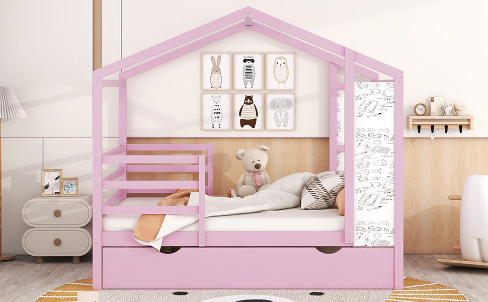 Full Size Wood House Bed With Fence And Writing Board, Pink Pink Solid Wood