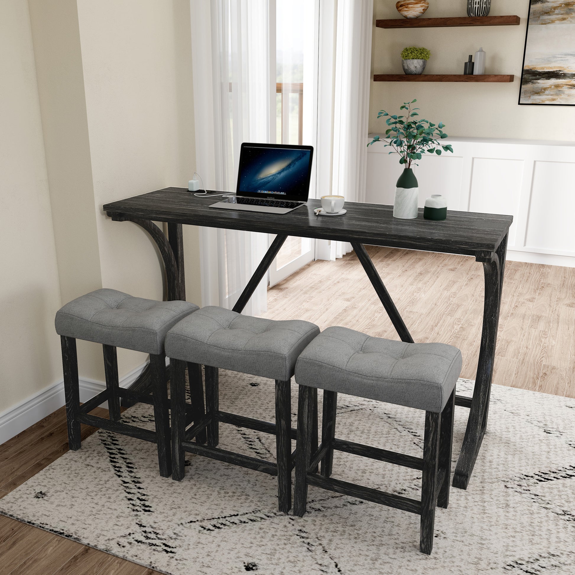 Bar Table Set With Power Outlet, Bar Table And Chairs Set, 4 Piece Dining Table Set, Industrial Breakfast Table Set, For Living Room, Dining Room, Game Room Grey Black Solid Wood Mdf