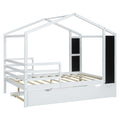 Full Size Wood House Bed With Fence And Writing Board, White White Solid Wood