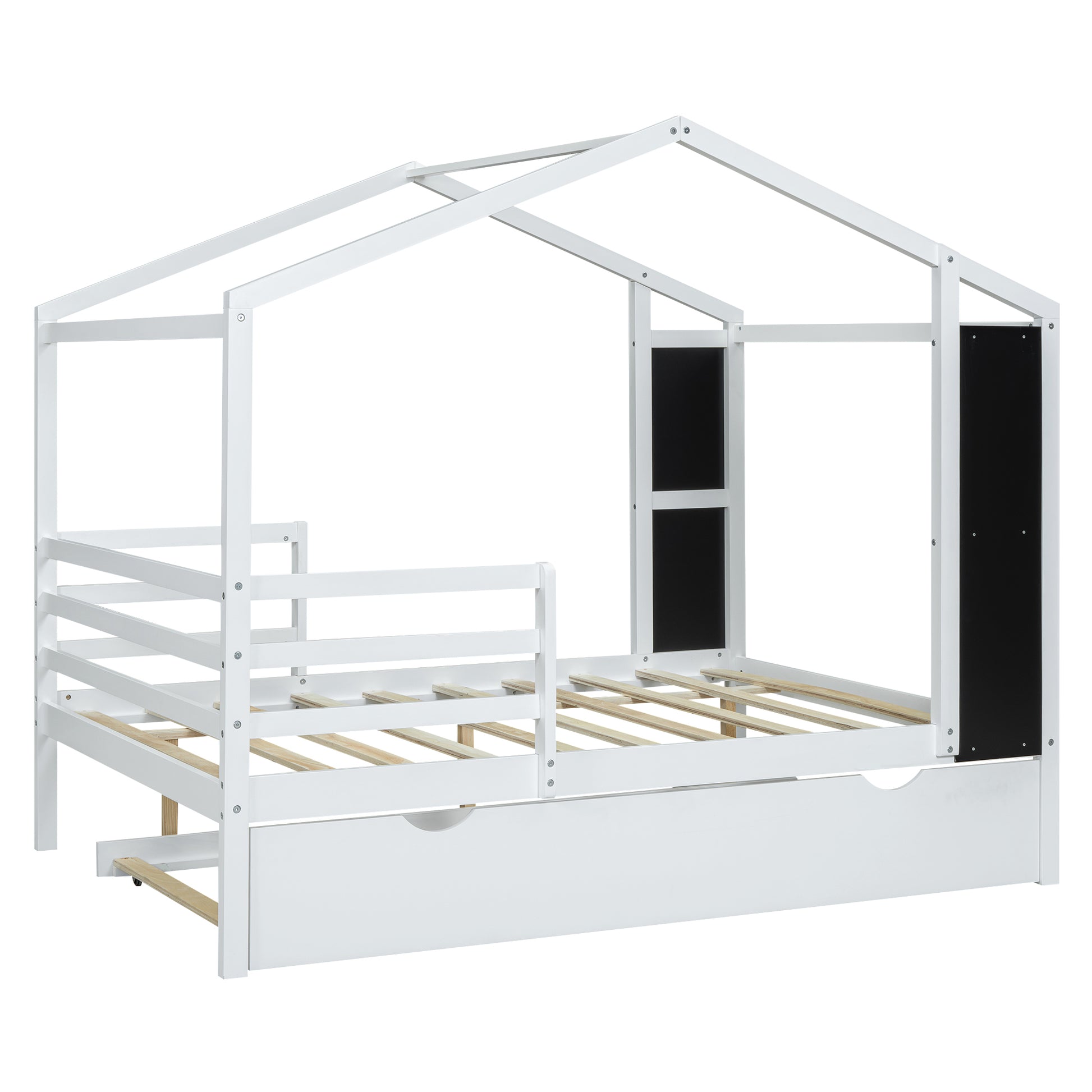 Full Size Wood House Bed With Fence And Writing Board, White White Solid Wood