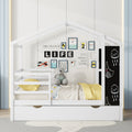 Full Size Wood House Bed With Fence And Writing Board, White White Solid Wood