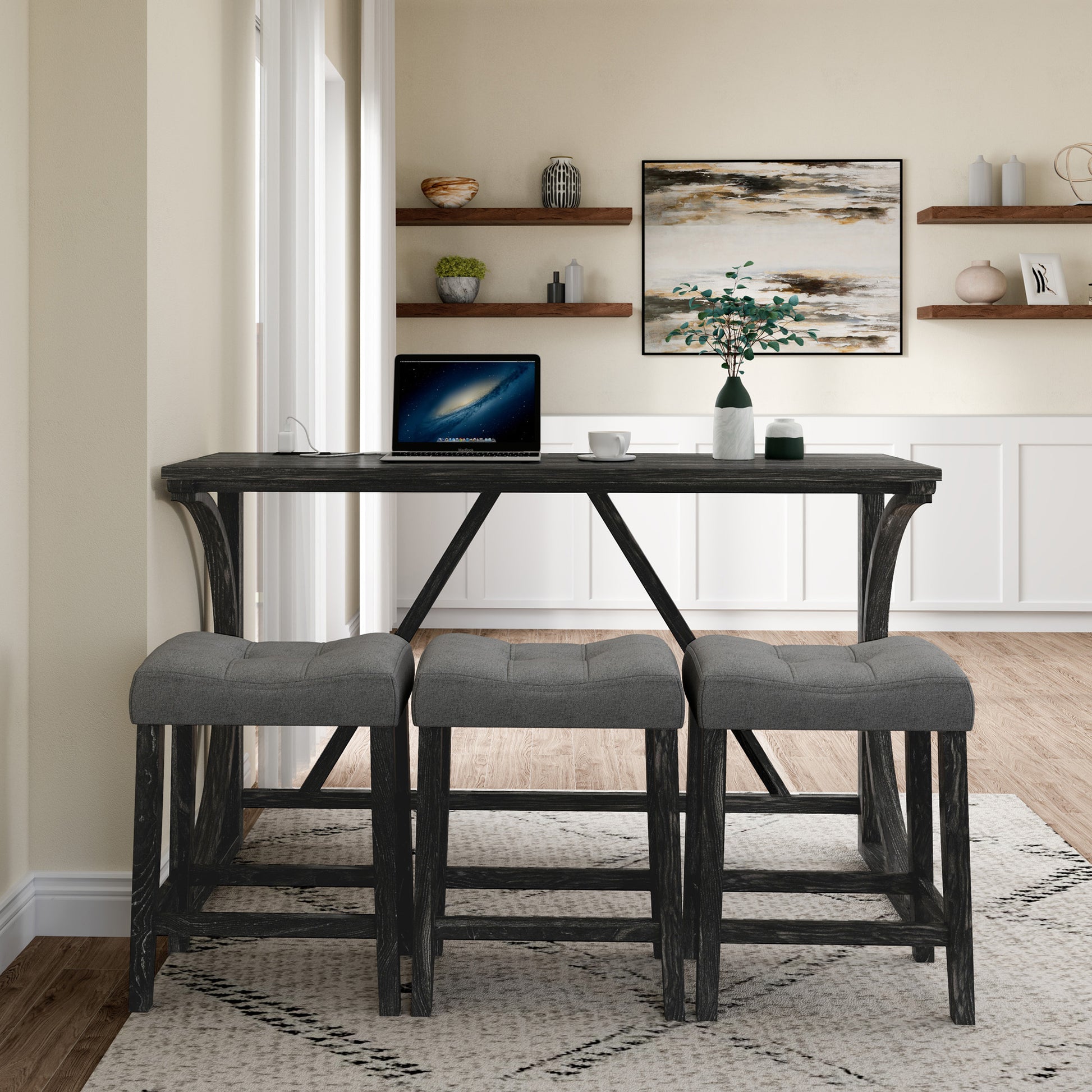 Bar Table Set With Power Outlet, Bar Table And Chairs Set, 4 Piece Dining Table Set, Industrial Breakfast Table Set, For Living Room, Dining Room, Game Room Grey Black Solid Wood Mdf