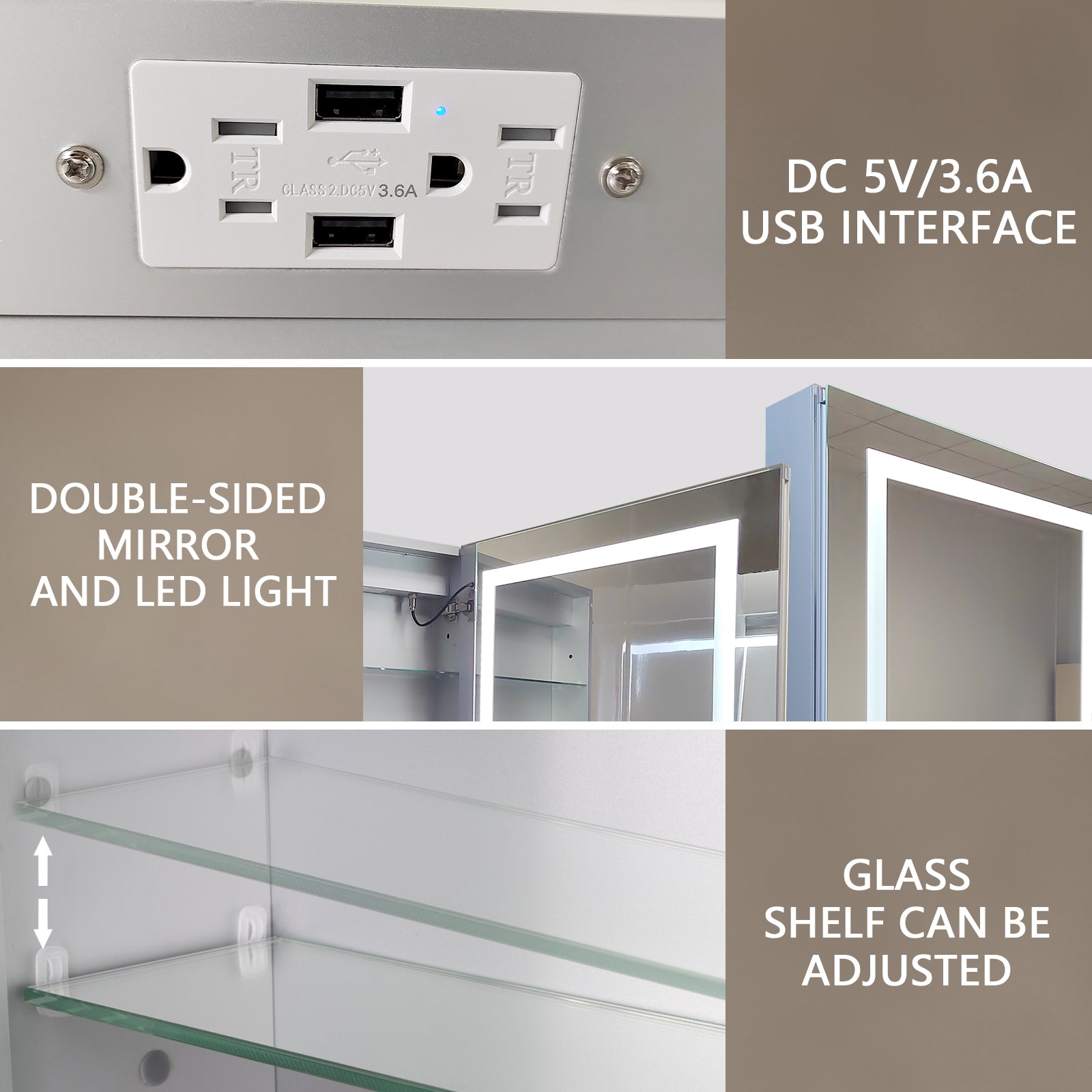 Lighted Medicine Cabinet 24 X 30 Inch, Recessed Or Surface Led Medicine Cabinet,Defog,Stepless Dimming,3000K 6400K, Outlets & Usbs,Hinge On The Left. Silver Aluminium