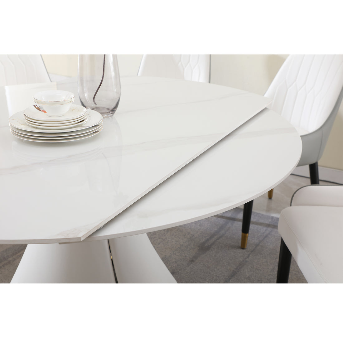 Fashion Modern Sinntered Stone Dining Table With Simple And Multi Functional Retractable Dining Table With 6 Pcs Chairs Beige White Engineered Stone