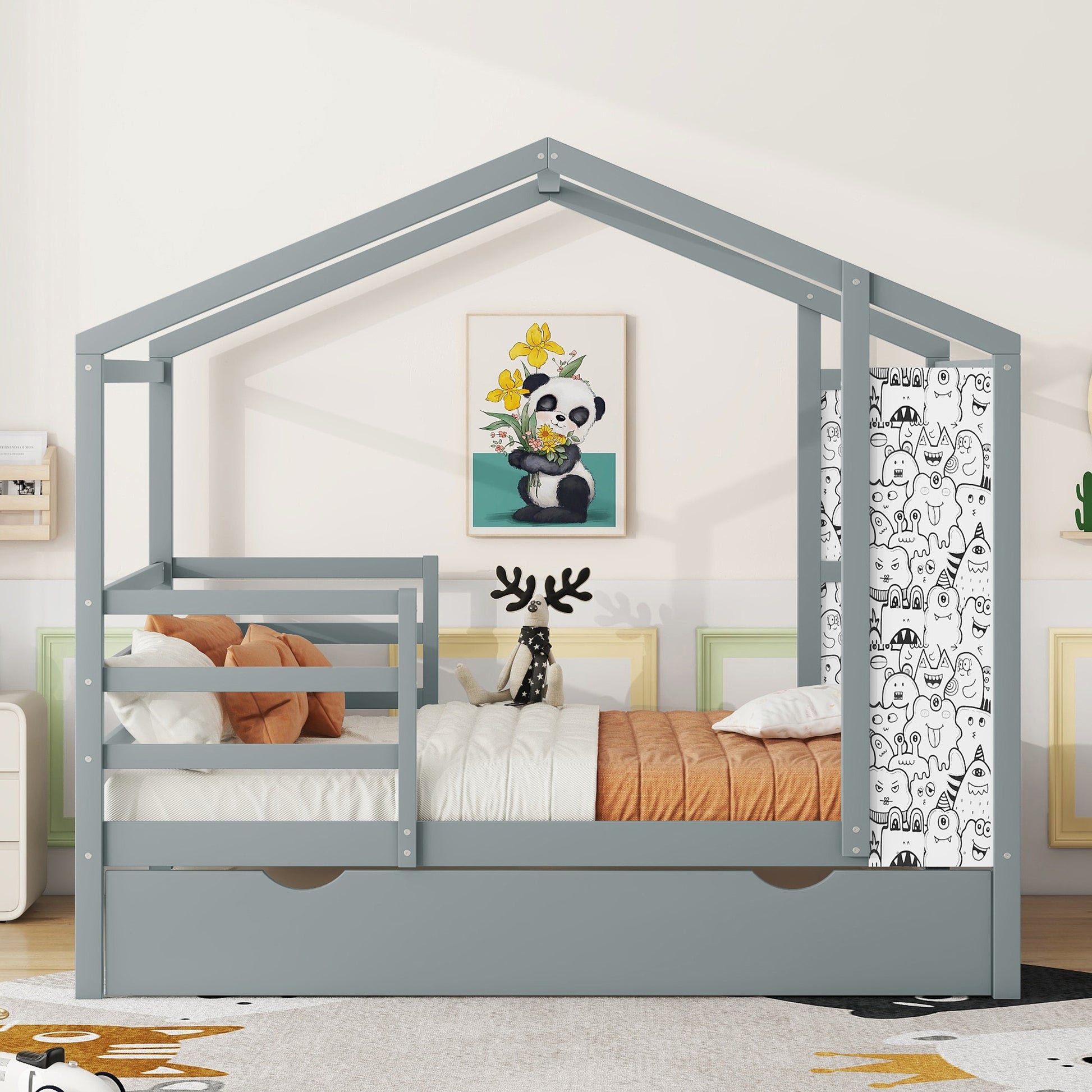 Full Size Wood House Bed With Fence And Writing Board, Gray Gray Solid Wood