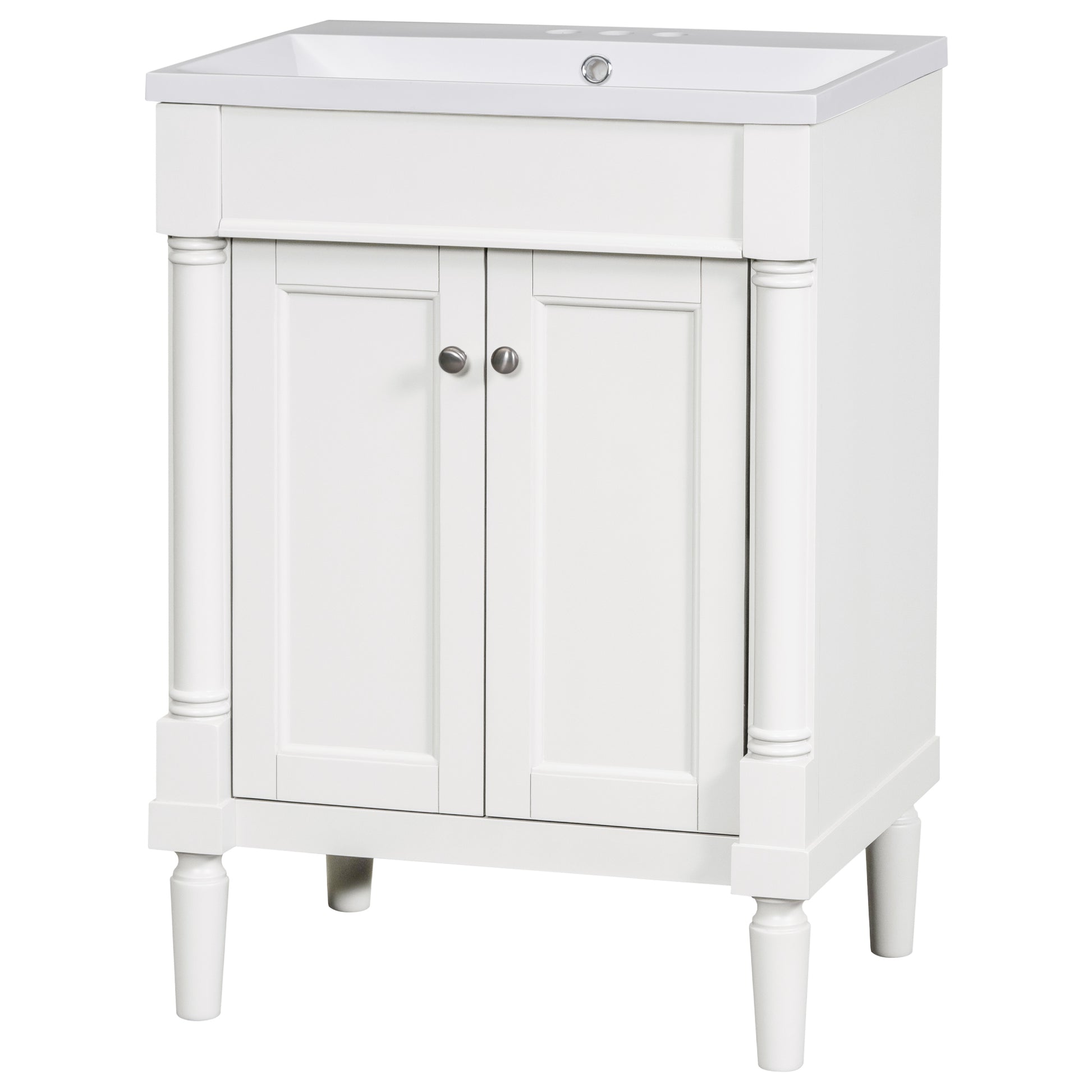 24'' Bathroom Vanity With Top Sink, 2 Tier Modern Bathroom Storage Cabinet, Single Sink Bathroom Vanity, Large Storage Shelves White Mdf