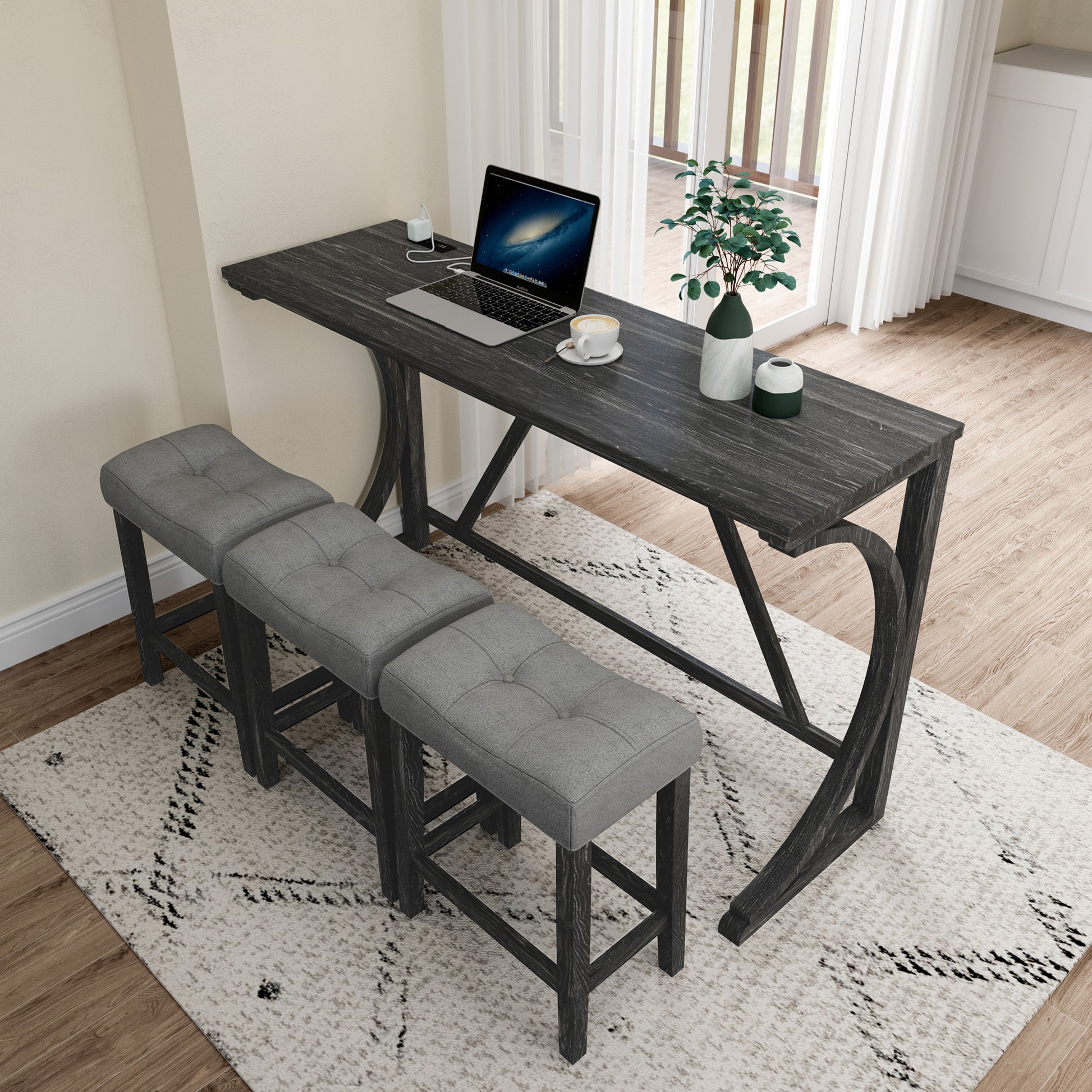 Bar Table Set With Power Outlet, Bar Table And Chairs Set, 4 Piece Dining Table Set, Industrial Breakfast Table Set, For Living Room, Dining Room, Game Room Grey Black Solid Wood Mdf