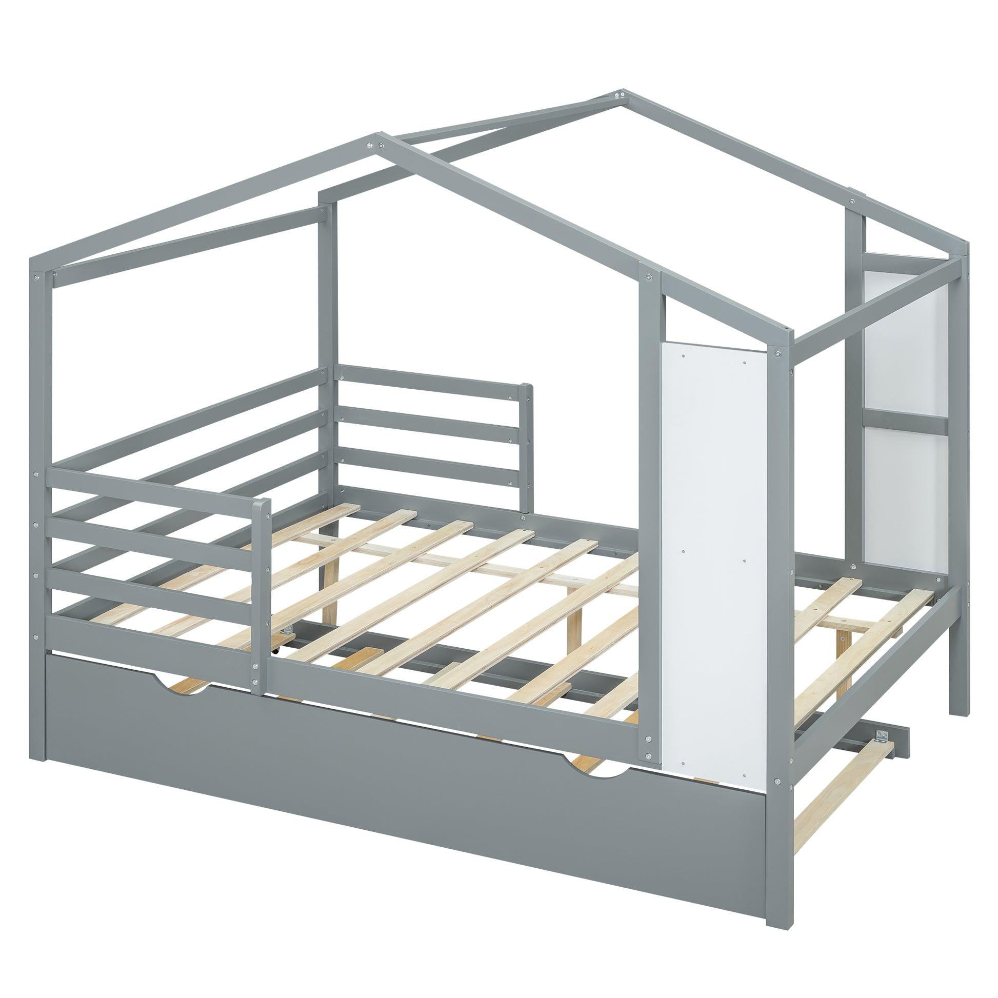 Full Size Wood House Bed With Fence And Writing Board, Gray Gray Solid Wood