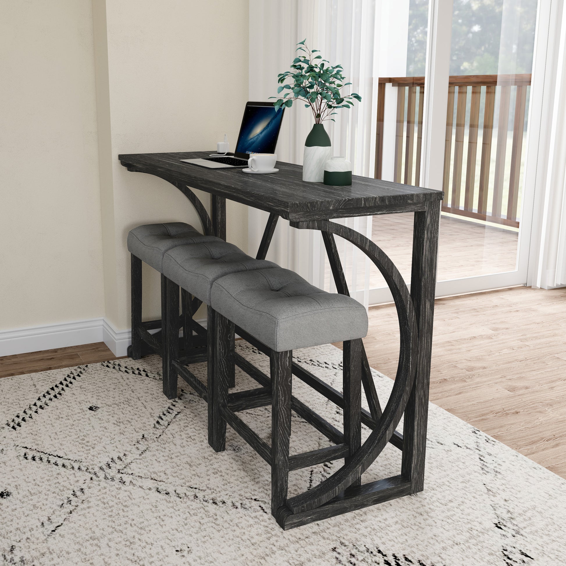 Bar Table Set With Power Outlet, Bar Table And Chairs Set, 4 Piece Dining Table Set, Industrial Breakfast Table Set, For Living Room, Dining Room, Game Room Grey Black Solid Wood Mdf