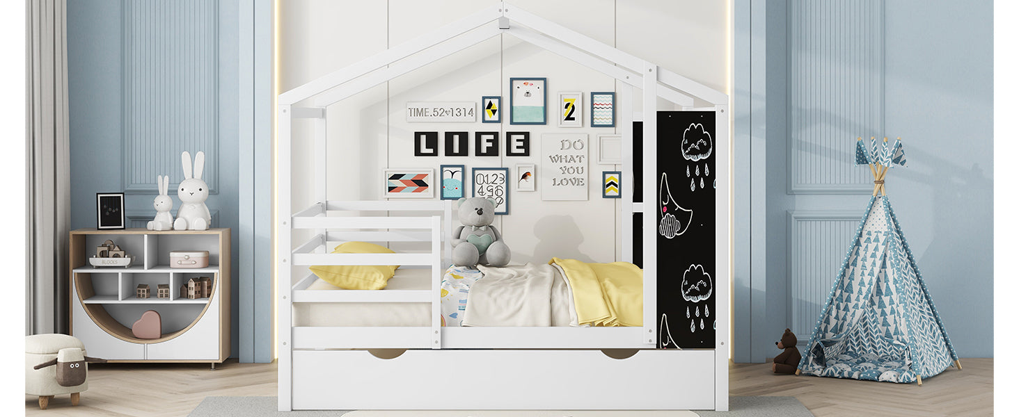 Full Size Wood House Bed With Fence And Writing Board, White White Solid Wood